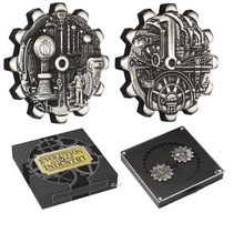 Load image into Gallery viewer, 2018 EVOLUTION OF INDUSTRY 1oz Antiqued SILVER GEAR-SHAPED TWO-COIN SET (2oz)