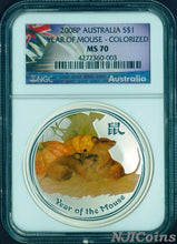 Load image into Gallery viewer, PERFECT 2008 P AUSTRALIA YEAR OF THE MOUSE Colorized 1 oz Bullion Coin NGC MS70