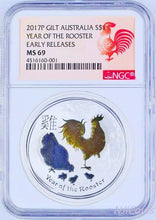 Load image into Gallery viewer, 2017 P Australia GILDED Silver Lunar Year of Rooster NGC MS 69 1 oz Coin