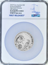 Load image into Gallery viewer, 2023 Incuse Proof Observe HIGH RELIEF 5oz Silver Kookaburra $8 Coin NGC PF70 FR