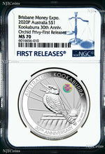 Load image into Gallery viewer, 2020 30th Ann. Kookaburra 1oz Silver Coin ORCHID Privy NGC MS70 ANDA FR