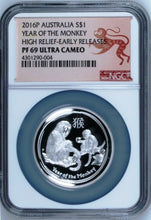 Load image into Gallery viewer, 2016 Australia Lunar Year Of Monkey High Relief Proof 1oz Silver Coin NGC PF69