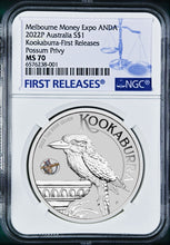 Load image into Gallery viewer, 2022 Kookaburra 1oz Silver Coin Possum Privy Melbourne Money Expo NGC MS70 ANDA