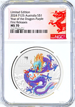 Load image into Gallery viewer, 2024 Australia Silver Lunar Year of the Dragon NGC MS70 1oz $1 Coin P125 PURPLE
