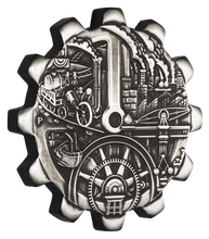 Load image into Gallery viewer, 2018 Evolution of Industry ANTIQUED Gear-Shaped 1oz Silver 2-COIN-SET NGC MS70 E