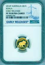 Load image into Gallery viewer, 2016 AUSTRALIAN KOALA 1/10 OZ $15 GOLD PROOF COIN NGC PF70 AUSTRALIA 1500MINTAGE