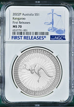 Load image into Gallery viewer, 2022 P Australia Silver Kangaroo NGC MS 70 $1 1 oz Coin Blue FR Label PERFECT