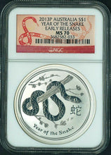 Load image into Gallery viewer, 2013 P AUSTRALIA Lunar YEAR of SNAKE 1 oz pure Silver Coin NGC MS70 red label