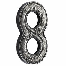 Load image into Gallery viewer, Australia 2018 Innovative Figure Eight Shape Dragon 2oz $2 Silver Antiqued Coin