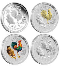 Load image into Gallery viewer, Australia 2017 Year of Rooster Lunar 1 Oz 4 Coin Type Set $1 Silver Dollars