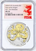 Load image into Gallery viewer, 2024 Australia GILDED Silver Lunar Year of the DRAGON NGC MS 70 1oz Coin FR GILT