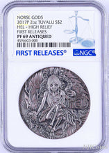 Load image into Gallery viewer, 2017 P Norse Goddesses Hel HIGH RELIEF ANTIQUED 2Oz Silver $2 COIN NGC PF69 FR