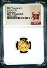 Load image into Gallery viewer, 2021 P Australia PROOF GOLD $15 Lunar Year of the Ox NGC PF70 1/10 oz Coin FR
