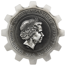 Load image into Gallery viewer, 2018 P Evolution of Industry ANTIQUED Gear-Shaped 1oz Silver 2-COIN-SET NGC MS70