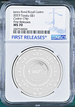 Load image into Gallery viewer, 2023 Royal Casino CASINO CHIP .9999 SILVER $1 1oz COIN NGC MS70 James Bond 007