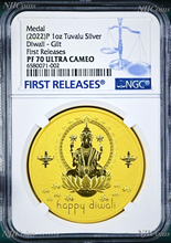 Load image into Gallery viewer, 2022 TUVALU Diwali Festival Hindu New Year Gift 1oz Silver Gilt NGC PF70 Medal