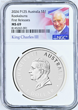 Load image into Gallery viewer, 2024 Australia 1oz Silver Kookaburra NGC MS 69 $1 Coin KING CHARLES III EFFIGY U