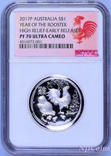 Load image into Gallery viewer, 2017 Australia Lunar Year Of Rooster High Relief Proof 1oz Silver Coin NGC PF70