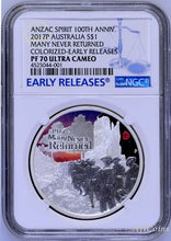 Load image into Gallery viewer, 2017 $1 ANZAC Spirit 100th Ann. Many Never Returned 1oz Silver Coin NGC PF70