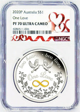 Load image into Gallery viewer, 2020 One Love 1oz .9999 Silver $1 Proof Coin NGC PF70 UC Tuvalu HEART LABEL