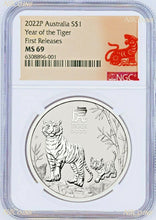 Load image into Gallery viewer, 2022 Australia .9999 Bullion Silver Lunar Year of the Tiger NGC MS69 1oz $1 Coin