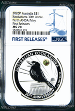 Load image into Gallery viewer, 2020 30th Ann. Kookaburra 1oz Silver Coin Kangaroo Paw Privy NGC MS70 ANDA BL FR