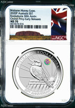 Load image into Gallery viewer, 2020 30th Ann. Kookaburra 1oz Silver Coin ORCHID Privy NGC MS70 ANDA ER Aus. LB