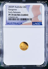 Load image into Gallery viewer, 2023 Australia Mini Roo Kangaroo PROOF 9999 GOLD 0.5g $2 NGC PF70 Coin ER FlagLb