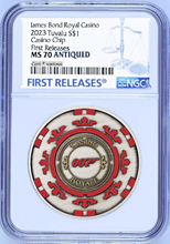Load image into Gallery viewer, 2023 Royal Casino CHIP .9999 Antiqued SILVER $1 1oz COIN NGC MS70 James Bond 007