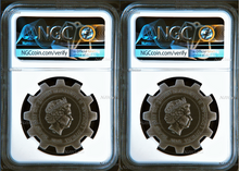 Load image into Gallery viewer, 2018 P Evolution of Industry ANTIQUED Gear-Shaped 1oz Silver 2-COIN-SET NGC MS70