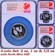 Load image into Gallery viewer, 2017 P Australia PROOF Silver 3-Coin Set Lunar Year of the ROOSTER NGC PF 70 ER
