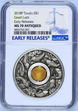 Load image into Gallery viewer, 2018 P Tuvalu Good Luck Rotating Charm ANTIQUED 1Oz Silver $1 COIN NGC MS70 ER