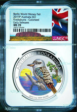 Load image into Gallery viewer, 2019 P Berlin Show Australia COLORED Kookaburra Silver NGC MS 70 1oz $1 Coin ER