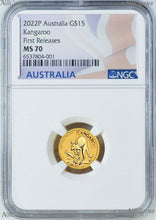 Load image into Gallery viewer, 2022 P Australia Bullion .9999 GOLD $15 Kangaroo NGC MS70 1/10oz Coin FR Flag LB