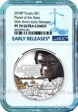 Load image into Gallery viewer, 2018 Planet of the Apes 50th Anniversary SILVER PROOF $1 1oz COIN NGC PF70 UC ER