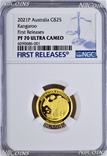 Load image into Gallery viewer, 2021 Australia Kangaroo PROOF 1/4oz .9999 GOLD $25 NGC PF70 Coin FR