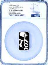 Load image into Gallery viewer, 2022 60 YEARS OF BOND SILVER BLACK COLORED RECTANGLE $1 1oz COIN NGC PF70 ER