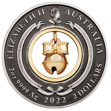 Load image into Gallery viewer, 2022 CHRISTMAS $2 2oz Silver Antiqued Coin w/ 24k gold-plated Jingle Bell Insert