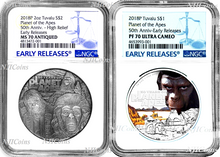 Load image into Gallery viewer, 2-Coin-Set 2018 Planet of the Apes SILVER $2 & $1 1oz 2oz NGC MS PF 70 ANTIQUED