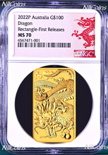 Load image into Gallery viewer, 2022 Dragon 1oz .9999 GOLD Rectangular $1 Dollar Bar COIN NGC MS 70 FR Lunar LB