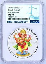 Load image into Gallery viewer, 2018 TUVALU Diwali Festival 1oz Silver $1 Coin NGC MS70 FIRST Releases