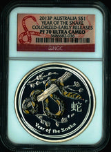 Load image into Gallery viewer, 2013 P Australia Silver Lunar year SNAKE COLORIZED YELLOW NGC PF 70 ER 1 oz Coin