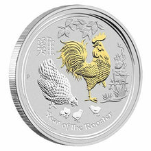 Load image into Gallery viewer, 2017 Australia Lunar Year of the Rooster GILDED 1oz SIlver $1 Coin w/ OGP Gilt