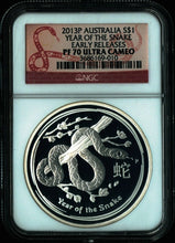 Load image into Gallery viewer, 2013 P AUSTRALIA YEAR SNAKE NGC PF 70 ULTRA CAMEO 1 oz silver S$1 Coin ER PROOF