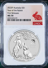 Load image into Gallery viewer, 2023 Australia 9999 Bullion Silver Lunar Year of the RABBIT NGC MS70 1oz $1 Coin