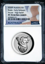 Load image into Gallery viewer, 2020 Australia FIRST INCUSED HIGH RELIEF 1oz Silver Koala $1 Coin NGC PF70 ER FL