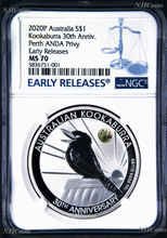 Load image into Gallery viewer, 2020 30th Ann. Kookaburra 1oz Silver Coin Kangaroo Paw Privy NGC MS70 ANDA BL LB