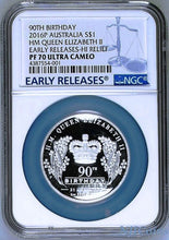 Load image into Gallery viewer, 2016 QUEEN ELIZABETH 90th Birthday Silver $1 High Relief coin NGC PF70 UCER 9999