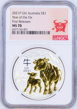 Load image into Gallery viewer, 2021 Australia GILDED Silver Lunar Year of the OX NGC MS 70 1oz Coin FR GILT