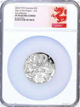 Load image into Gallery viewer, 2024 P Australia PROOF Silver Lunar Year of the Dragon 2oz $2 Coin NGC PF70 UC F